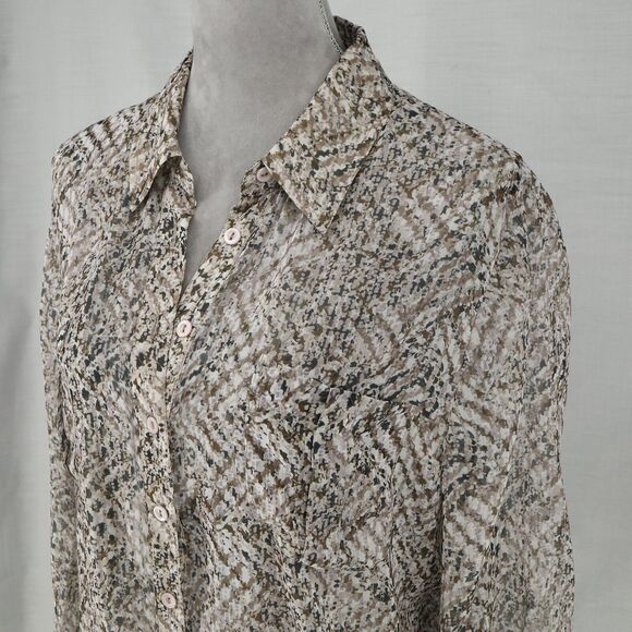 Chicos Top 2 Womens Large 12 Ivory Brown Chiffon Blouse Sheer Pleated Back - Picture 8 of 16